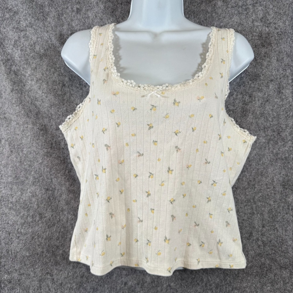 Pointelle Lace Tank Top Womens Large White Ditsy Floral Babydoll Cottagecore